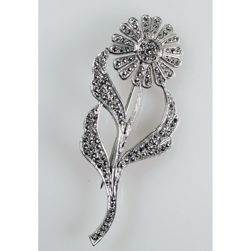Large Sterling Silver Marcasite Daisy Brooch Pin - Picture 4 of 5